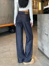 深い青色のストレートデニムパンツ【ハイウエスト・スリムフィット・ワイドレッグ】