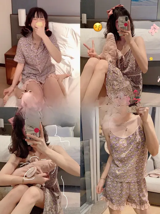 夏用アイスシルクパジャマ【かわいい豚のデザイン・ノースリーブ・快適】