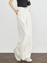 落ち感のある白色リネン製ワイドパンツ【春秋用・シンプルデザイン】