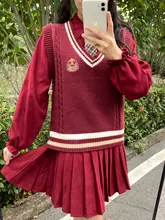学院風の制服タイと刺繍入りニットベスト、ワンピースの三点セット【秋冬用・レッド・JKスタイル】（セットアップ対応）