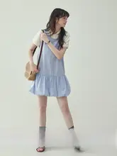 ブルーチェック風フラワーベールドレス【夏用・短袖・ショート丈・フェイクレイヤード】（セットアップ対応）