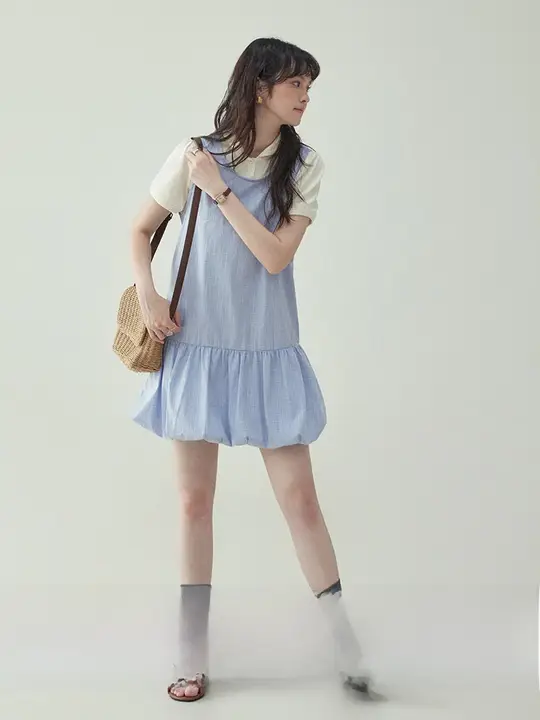 ブルーチェック風フラワーベールドレス【夏用・短袖・ショート丈・フェイクレイヤード】（セットアップ対応）