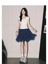美しい花柄のハイウエストAラインスカート【ブルー・不規則なデザイン・女性用】（セットアップ対応）