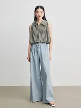 夏用高腰ワイドレッグパンツ【黒・ドローストリング・ルーズフィット・軽やか】