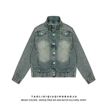 ビンテージ風ウォッシュ仕上げのデニムワークジャケット【立襟・秋用・レディース・ゆったりしたフィット】