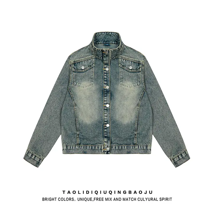 ビンテージ風ウォッシュ仕上げのデニムワークジャケット【立襟・秋用・レディース・ゆったりしたフィット】