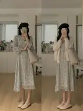ワンピース 女性 Vネック 長袖 シフォン 花柄 春秋 クリーン ソフト ウエストシェイプ