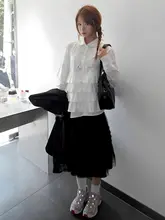 春用レトロ風高腰チェック柄フリル付きネットチュニックスカート【Aライン・ケーキスカート】