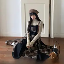 ヴィンテージ風 高腰チェック柄サロペットドレス【ブラウン・Aライン・冬用】
