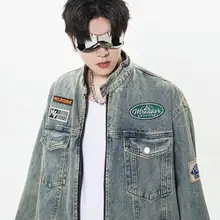 ヴィンテージ風刺繍デザインのデニムジャケット【秋用・ユニセックス・カジュアル】（セットアップ対応）