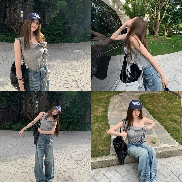 ロマンティックフラワーデザイン 斜め肩Tシャツ【女性用・ウエストシェイプ・フリル付き】