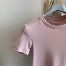 リブ編みラウンドネックショートスリーブTシャツ【レディース・スリムフィット・夏用・韓国風】（セットアップ対応）