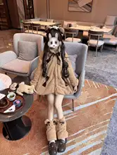 ウサギとクマの耳付きフード付き厚手シープボアコート【ロリータスタイル】