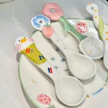 かわいい手描き陶器製スプーン【子供用・カートゥーンデザイン・家庭用】