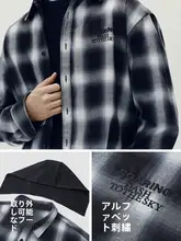 チェック柄長袖シャツ【フード付き・男性用・秋用・ハサク布刺繍デザイン】（セットアップ対応）