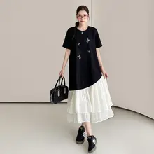 不規則パッチワークのショートスリーブTシャツワンピース【大きいサイズ・夏用・ゆったり・スリム効果】（セットアップ対応）