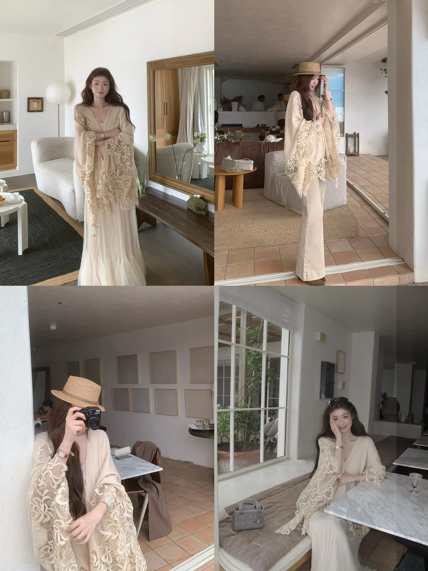 10月中ばに着る服装はどう選ぶ？香槟色の花模様レースニットと披肩の三点コーデが解決する季節感の悩み