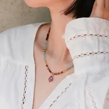新中式デザインのペンダントネックレス【天然碧玺ビーズ・民族風】