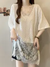 大きいサイズのVネックレース切替ゆったりTシャツ【半袖・体型カバー・カジュアル】（セットアップ対応）