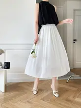 高腰シフォンプリーツスカート【夏用・白・ミディ丈・やわらかデザイン・小柄向け】