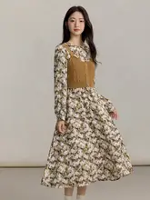 春秋用 フレンチスタイルのレトロドレス【ニットタンクトップ付き・Aライン・花柄】（セットアップ対応）