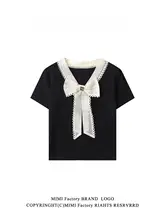レディース 輕やかなレースのリボン付きVネックTシャツ【黒・短袖・シルエット強調】