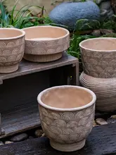 ビンテージ風大口径セメント製花鉢【侘び寂びスタイル・屋外用・陶器風】