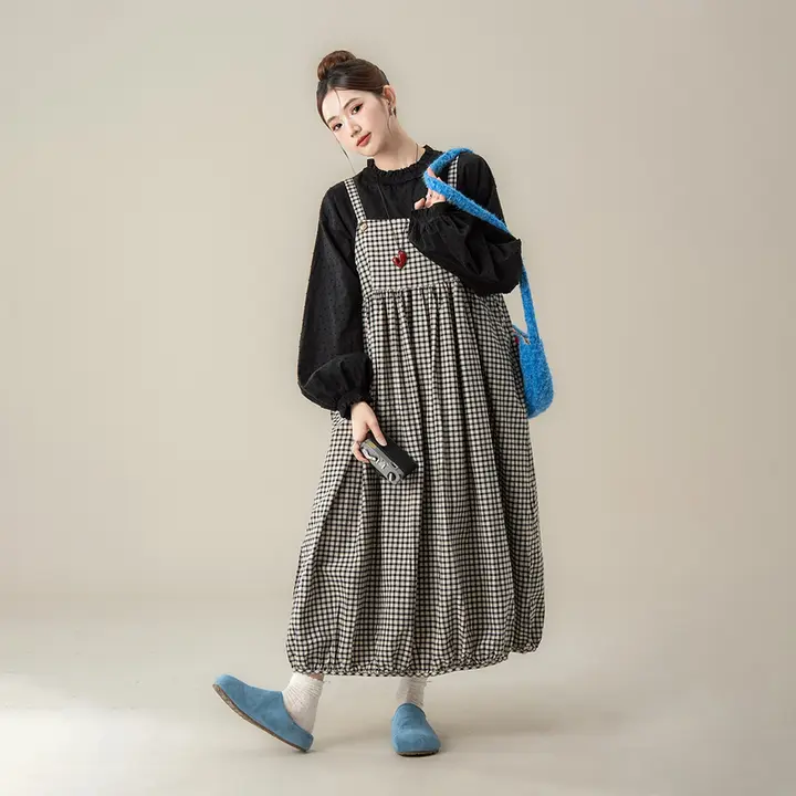 セットアップ 2点セット レディース 長袖ブラウス サスペンダースカート チェック柄 刺繍 フリル襟 ブラック ヴィンテージ 大人可愛い 秋