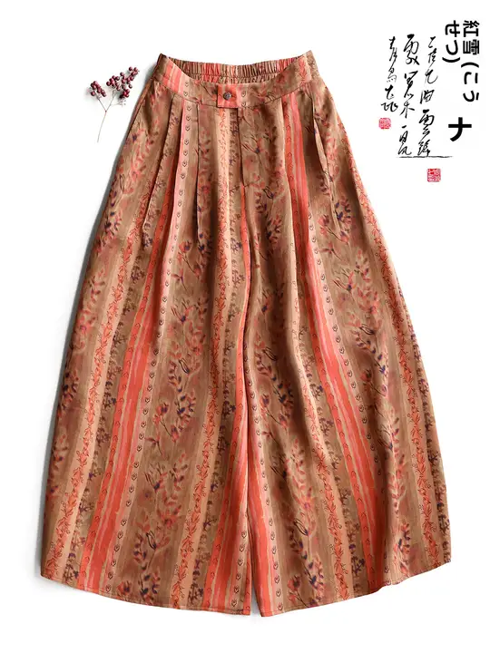 夏用ワイドパンツ【シルク生地・花柄・ストライプデザイン・新中式】