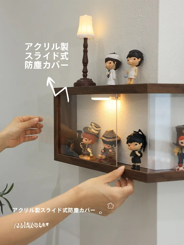 コーナー展示ラック：穴あけ不要・防塵カバー付きのフィギュア収納に最適な木製ラック