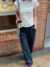 ヴィンテージ風コットン製夏用薄手デニムハイウエストワイドパンツ