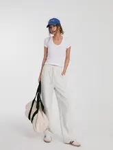 DiscoGlam スーピマコットン製 レディース Uネック ホワイト 半袖 Tシャツ【フィット感・ノースリーブ】