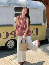 夏のOOTDコーディネート！韓国風デザインのレース刺繍ノースリーブトップスとワイドパンツ（セットアップ対応）