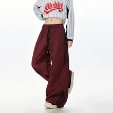 ワインレッド サイドストライプのトレッキングパンツ【男女兼用・夏用・速乾・ヒップホップ・ジャズダンス・カジュアル・ワイドレッグ】