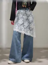 レース切り替えデザインの大きいサイズデニムパンツ【快適なフィット・レイヤードスタイル】（セットアップ対応）