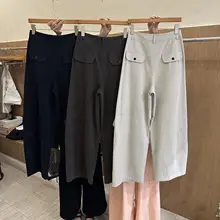 韓国デザインの復古スタイルポケット付きワークパンツ【広めの足幅・女性用・秋用】（セットアップ対応）