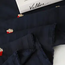 フライドポテト刺繍デザインの麻混紡生地【春夏用・ハンドメイドDIY向け】