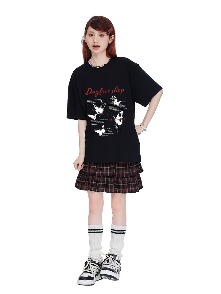 アメリカンヴィンテージ蝶デザイン半袖Tシャツ【ユニセックス・ヒップホップスタイル・夏用】（セットアップ対応）