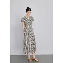 ウエストレースアップチェック柄ワンピース【夏用・短袖・ロング丈】