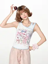 レトロなリボンプリントノースリーブTシャツ【デザイン性抜群・夏用・コントラストカラー】