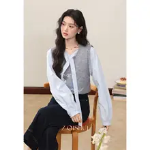 ブルーの長袖シャツとグレーのベスト【重ね着・通勤用・2点コーディネート】（セットアップ対応）