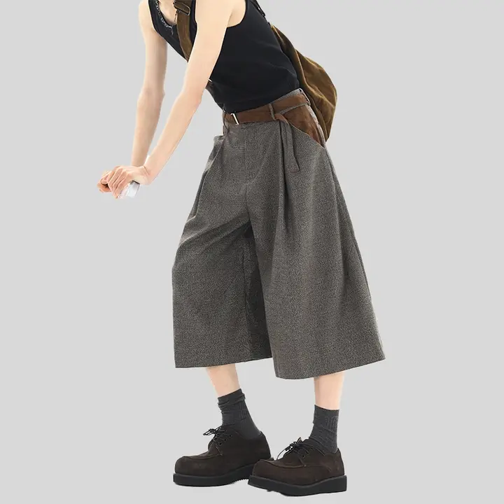 レトロチェック柄スエード七分丈パンツ【男夏用・クリーンフィット・ゆったりデザイン】（セットアップ対応）