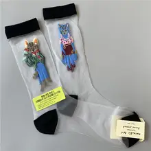 SocksAppeal 夏用 超薄透明 ガラスシルク カートゥーン柄 中筒ソックス【涼感・フランス風】