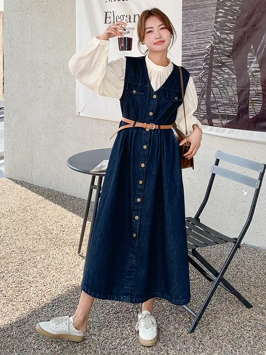 カジュアルレトロデザイン デニムビスチェワンピース【長袖シャツ付き・春秋向け】（セットアップ対応）