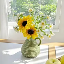 陶器製の花瓶【イミテーションのひまわり・インテリアデコレーション・リビング用・デスクトップ装飾】