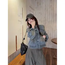 カジュアルデニムジャケット【デザイン性のあるカラー切り替え・短丈・ゆったりシルエット・長袖】（セットアップ対応）