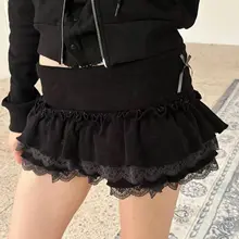 レース切替の黒いリボン付きケーキスカート【Aライン・ハイウエスト・フレアタイプ】