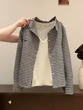 白黒チェック柄長袖シャツ【ポロ襟・刺繍デザイン・ゆったりシルエット】（セットアップ対応）