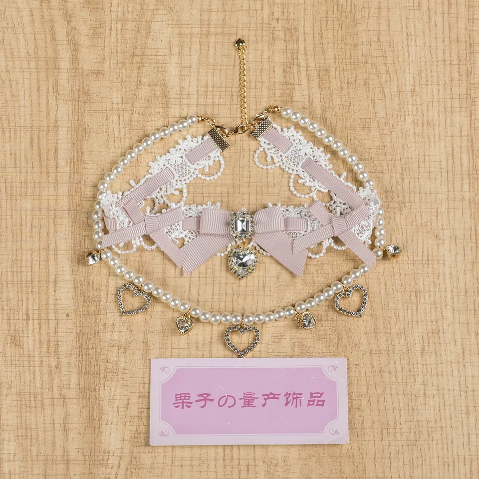 二重デザインのチョーカーレースネックレス【パール付き・ハートモチーフ・ロリータスタイル】