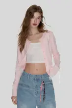 GUUKAHERO ピンクの透かし編みニットカーディガン【レーストリミング・春用・女性用】